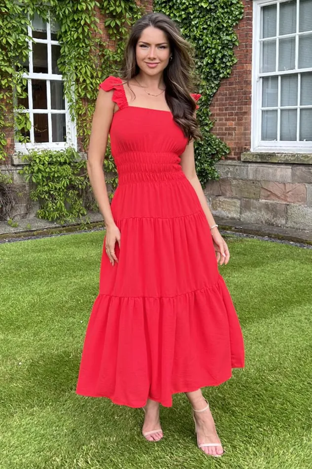 AX Paris Red Frill Strap Tiered Midi Dress Women Dresses