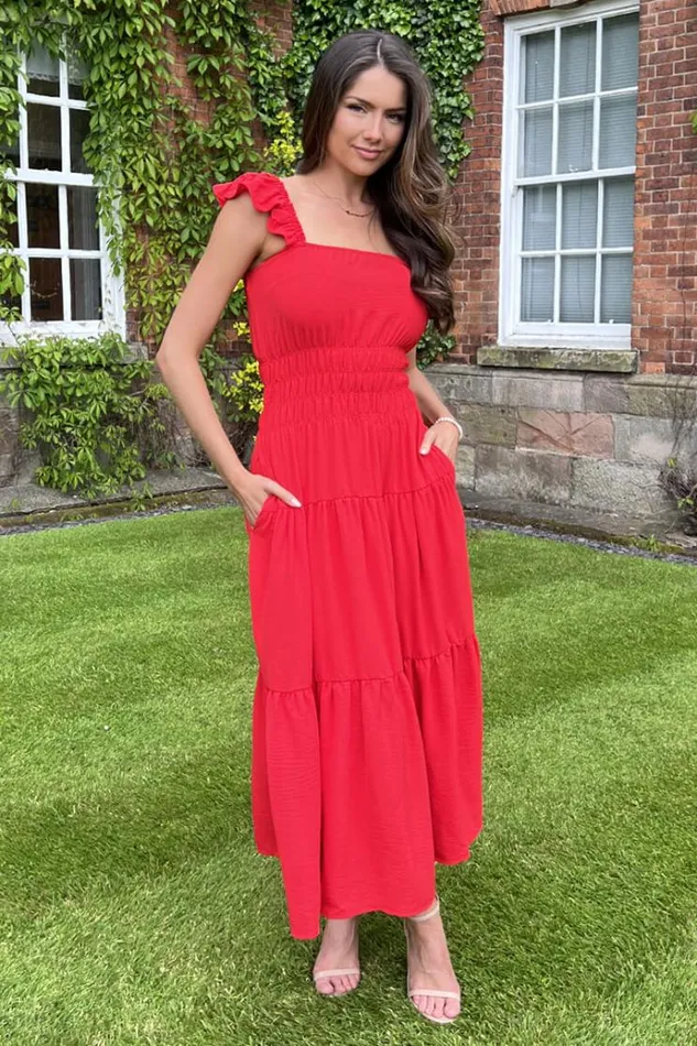 AX Paris Red Frill Strap Tiered Midi Dress Women Dresses