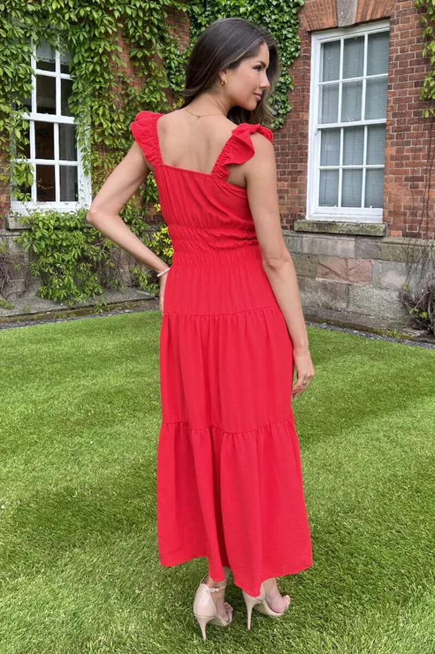 AX Paris Red Frill Strap Tiered Midi Dress Women Dresses