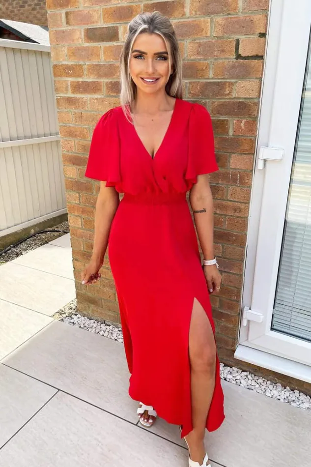 AX Paris Red Gathered Waist Midi Dress Women Dresses