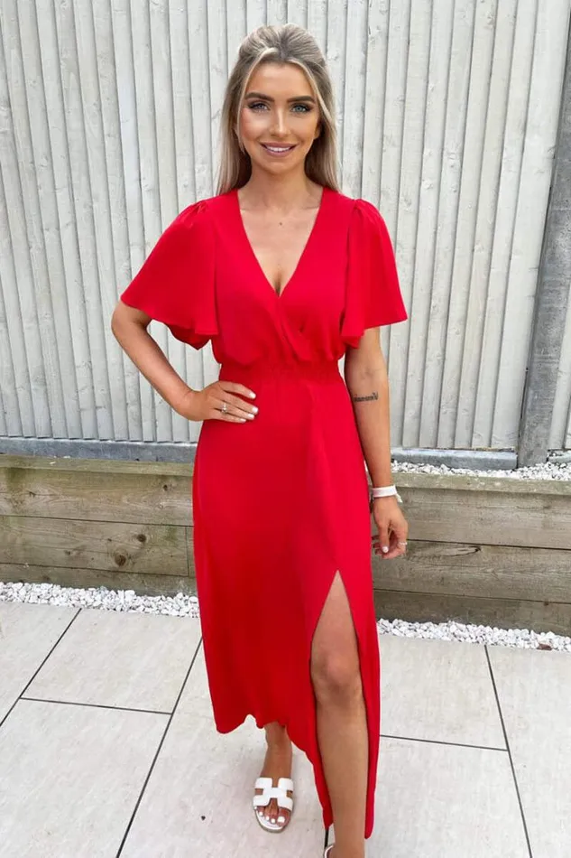 AX Paris Red Gathered Waist Midi Dress Women Dresses
