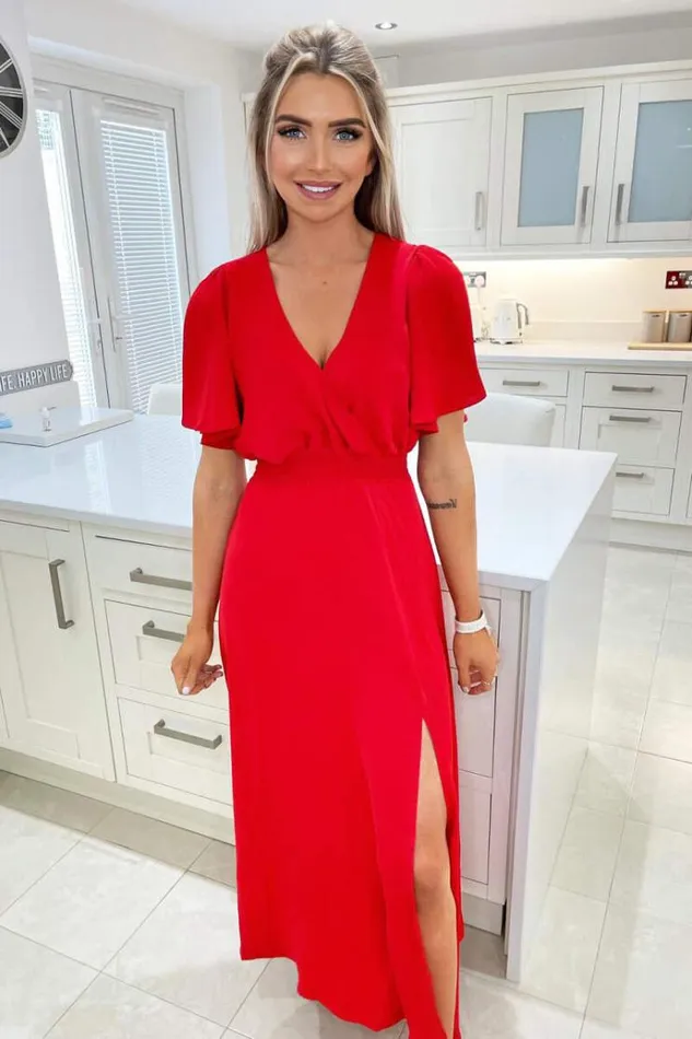 AX Paris Red Gathered Waist Midi Dress Women Dresses