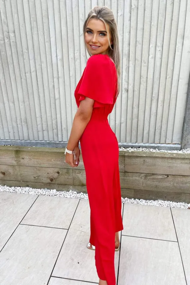 AX Paris Red Gathered Waist Midi Dress Women Dresses
