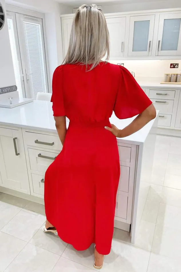 AX Paris Red Gathered Waist Midi Dress Women Dresses