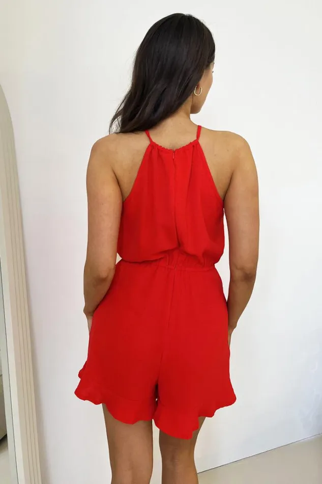 AX Paris Red Halter Neck Tie Waist Playsuit Women Jumpsuits And Playsuits