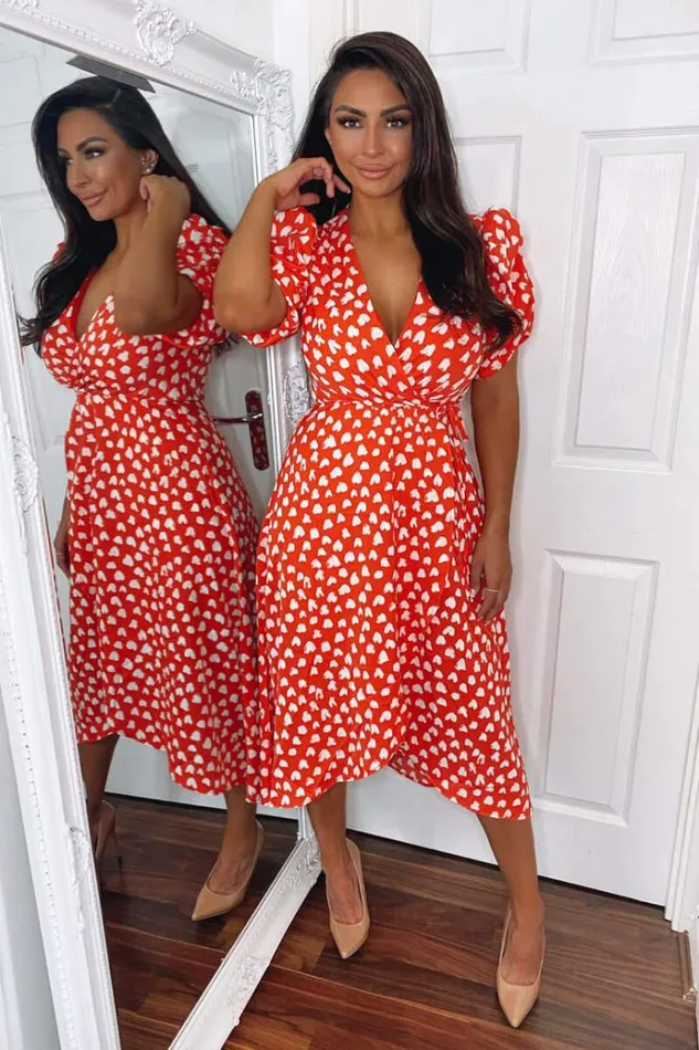 AX Paris Red Heart Printed Wrap Midi Dress Women Dresses