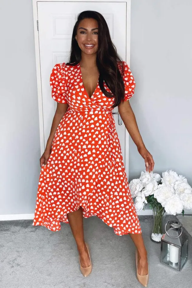 AX Paris Red Heart Printed Wrap Midi Dress Women Dresses