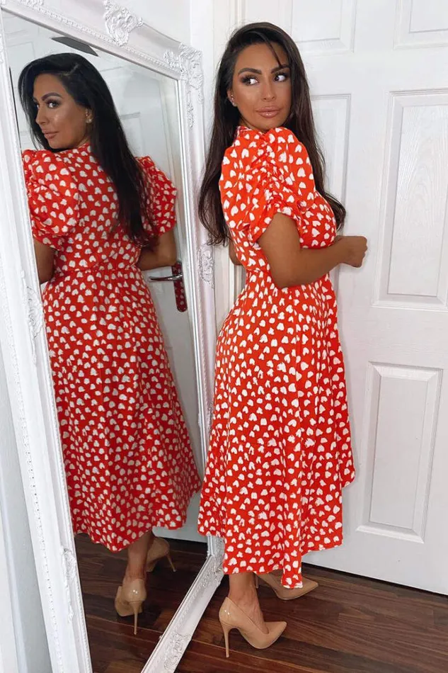 AX Paris Red Heart Printed Wrap Midi Dress Women Dresses