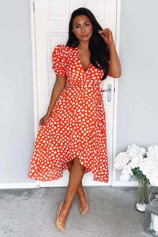 AX Paris Red Heart Printed Wrap Midi Dress Women Dresses