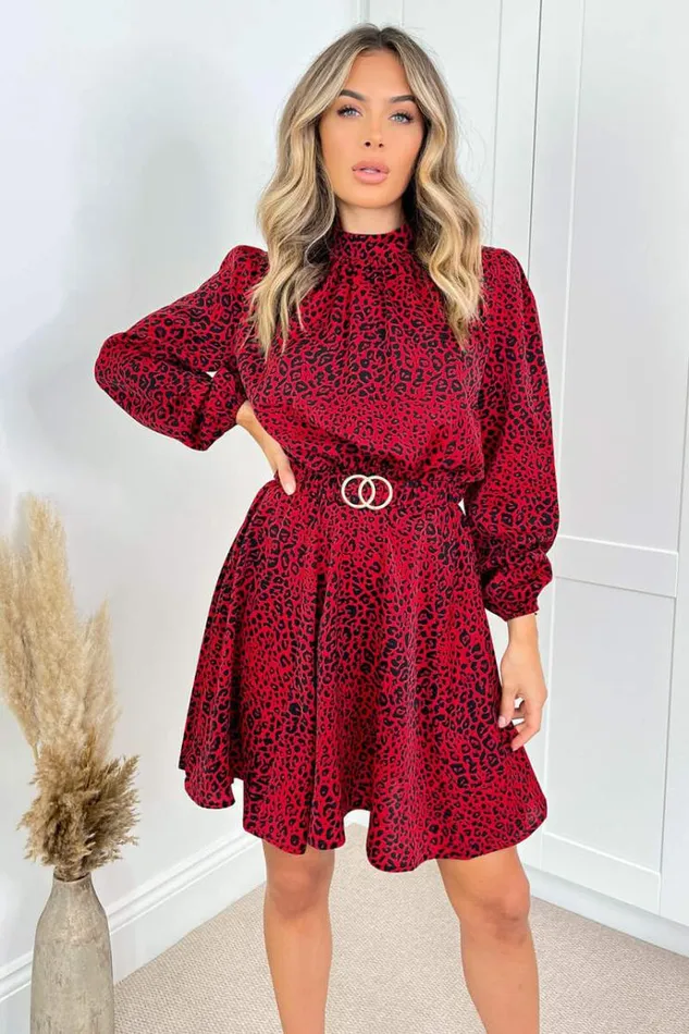 AX Paris Red Leopard Print Gold Belted Skater Dress Women Dresses