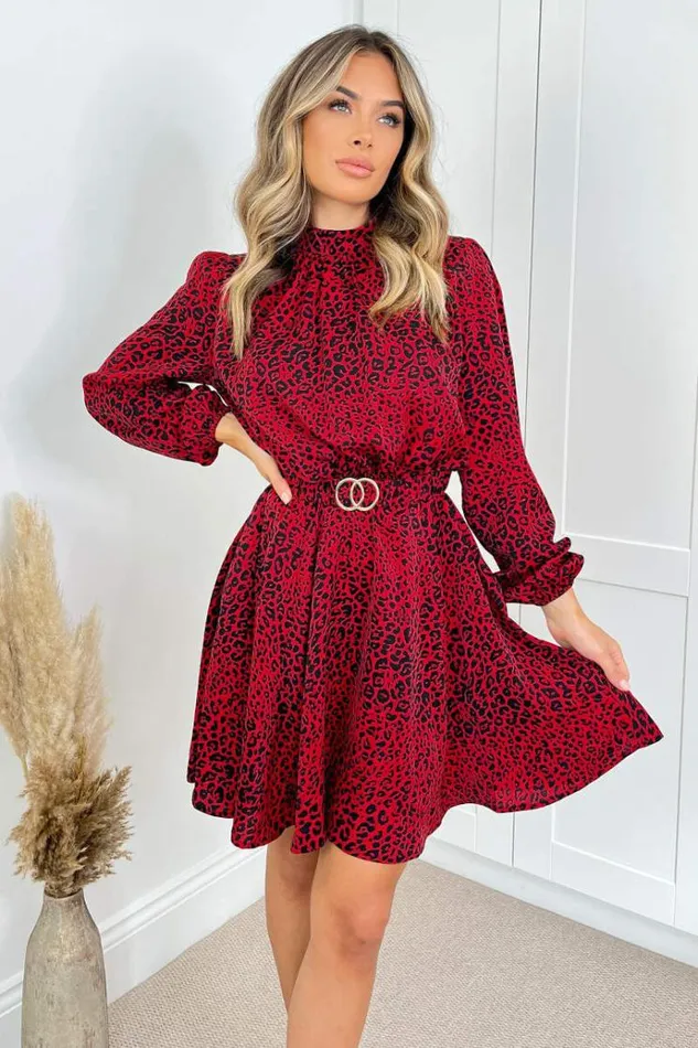 AX Paris Red Leopard Print Gold Belted Skater Dress Women Dresses