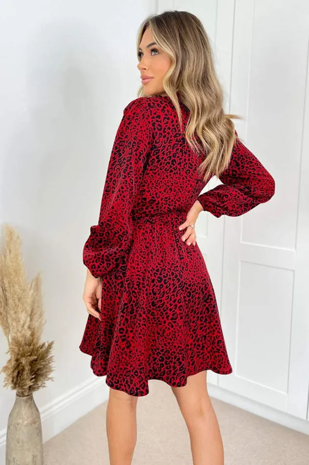 AX Paris Red Leopard Print Gold Belted Skater Dress Women Dresses