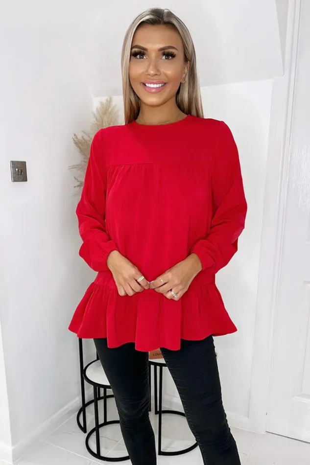 AX Paris Red Long Sleeve Round Neck Smock Top Women Tops