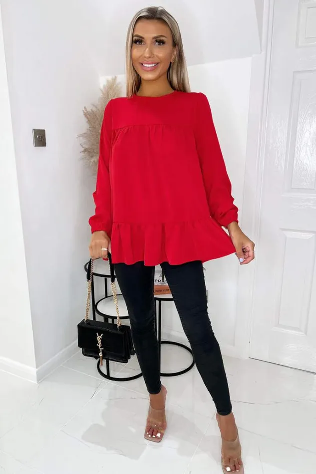 AX Paris Red Long Sleeve Round Neck Smock Top Women Tops