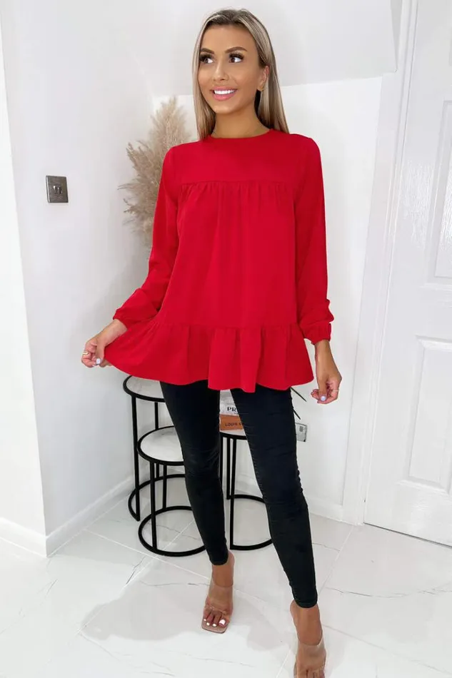 AX Paris Red Long Sleeve Round Neck Smock Top Women Tops