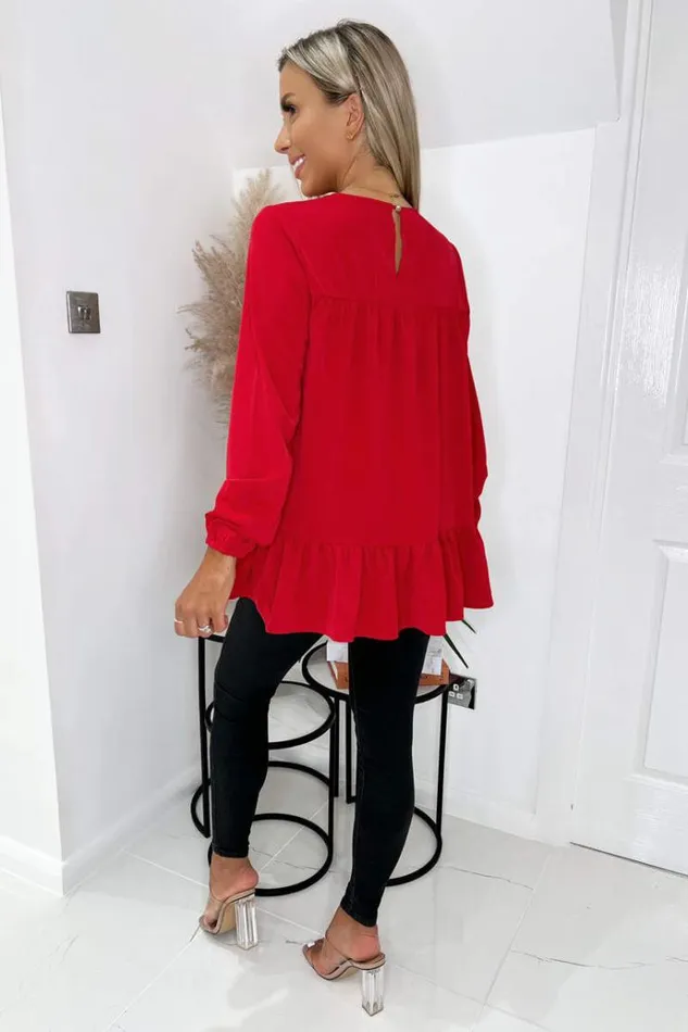 AX Paris Red Long Sleeve Round Neck Smock Top Women Tops