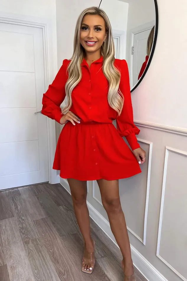 AX Paris Red Long Sleeve Shirt Dress With Elasticated Waist Women Dresses