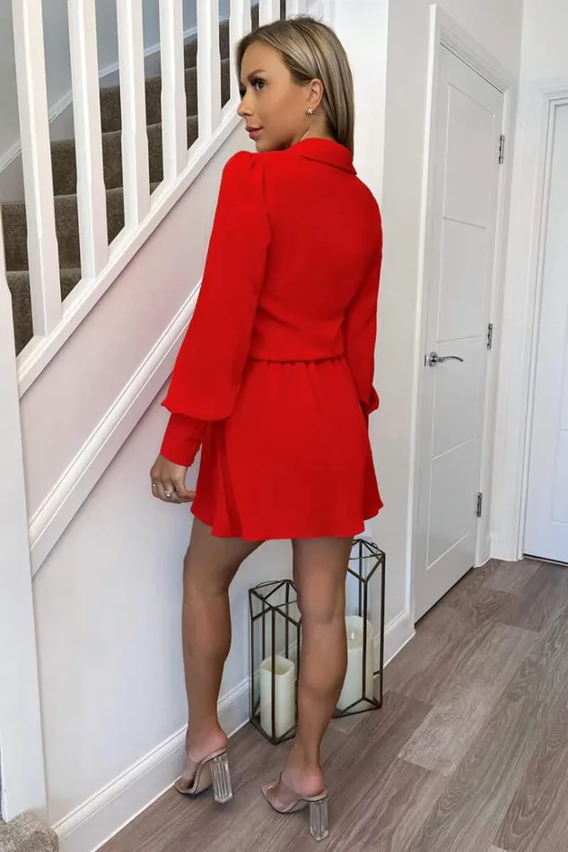 AX Paris Red Long Sleeve Shirt Dress With Elasticated Waist Women Dresses