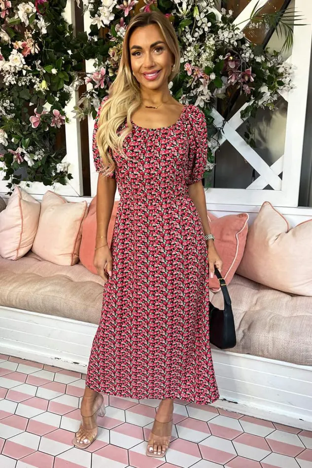 AX Paris Red Multi Floral Printed Puff Sleeve Midi Dress Women Dresses