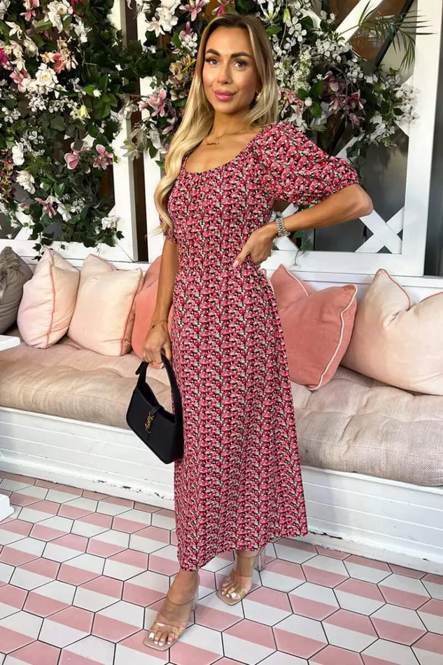 AX Paris Red Multi Floral Printed Puff Sleeve Midi Dress Women Dresses