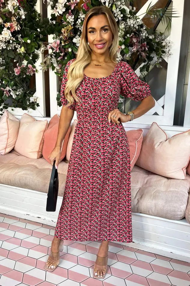 AX Paris Red Multi Floral Printed Puff Sleeve Midi Dress Women Dresses