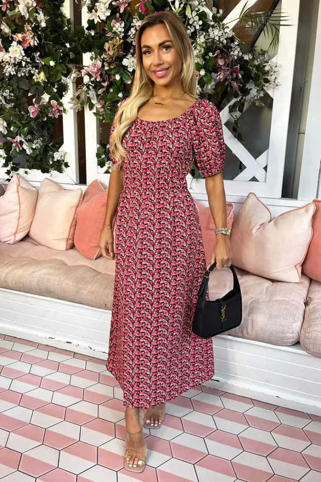 AX Paris Red Multi Floral Printed Puff Sleeve Midi Dress Women Dresses