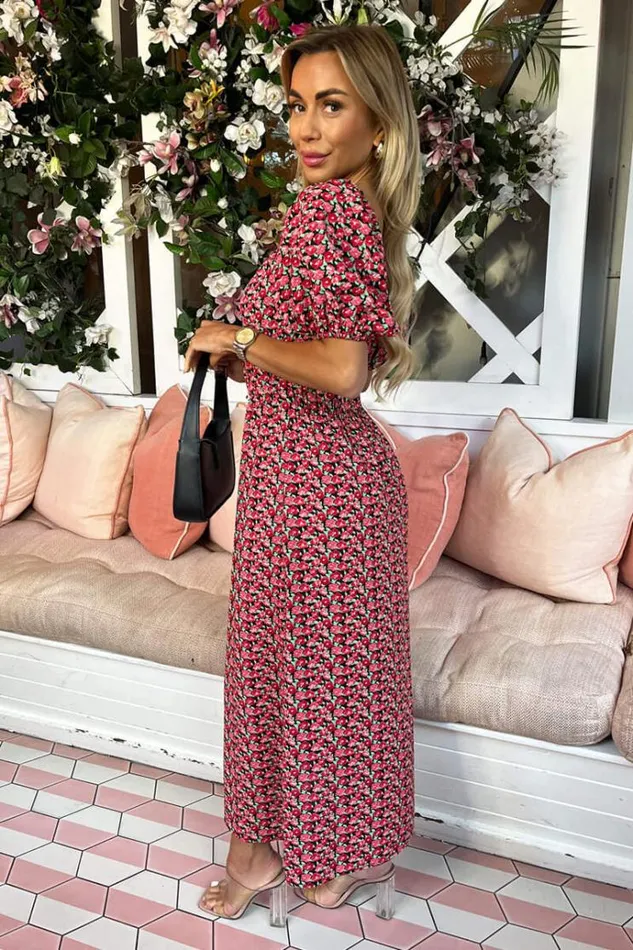 AX Paris Red Multi Floral Printed Puff Sleeve Midi Dress Women Dresses
