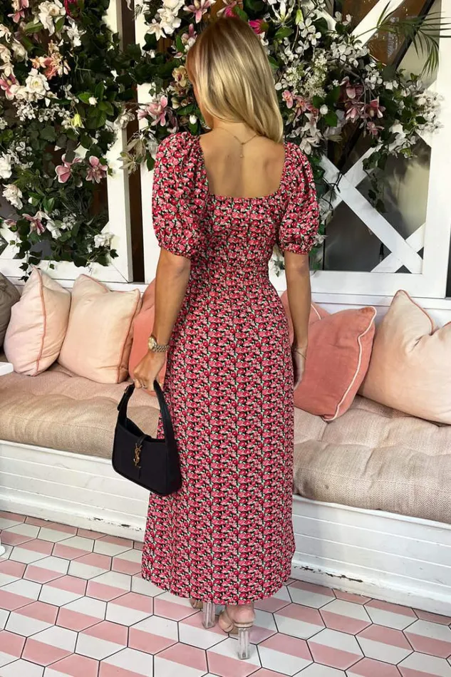 AX Paris Red Multi Floral Printed Puff Sleeve Midi Dress Women Dresses