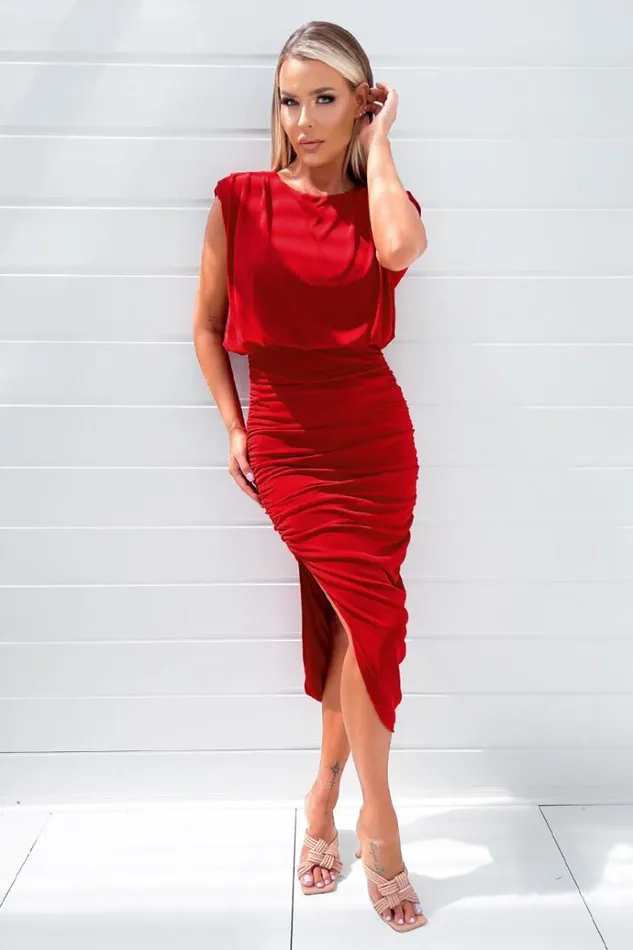 AX Paris Red Pleated Shoulder Sleeveless Bodycon Dress Women Dresses