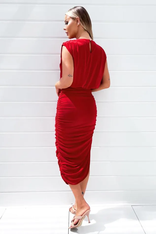 AX Paris Red Pleated Shoulder Sleeveless Bodycon Dress Women Dresses