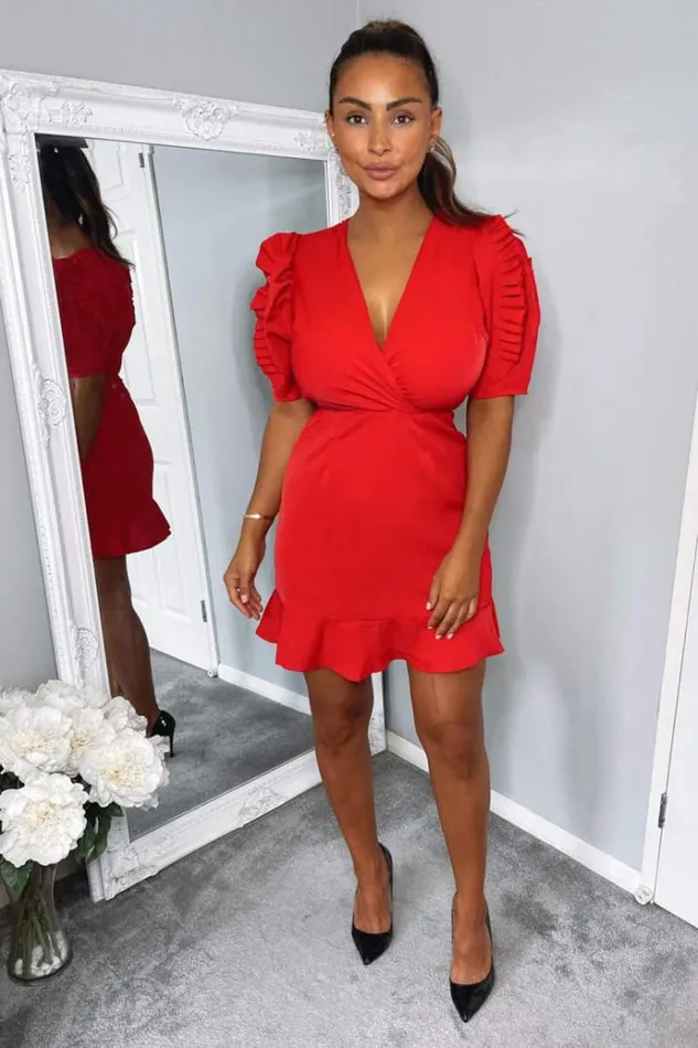AX Paris Red Pleated Sleeve Wrap Dress Women Dresses
