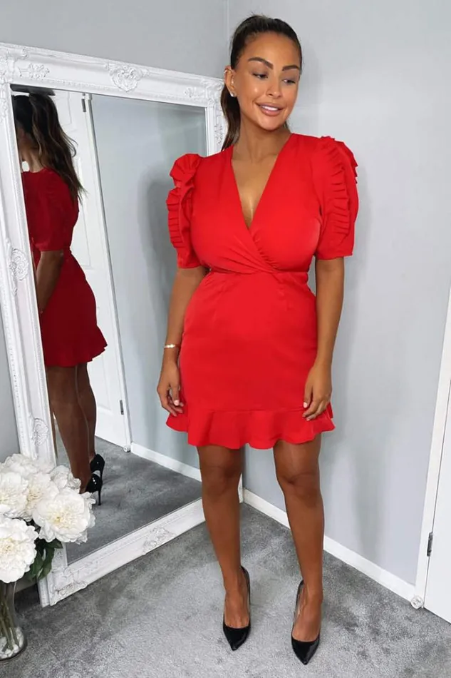 AX Paris Red Pleated Sleeve Wrap Dress Women Dresses