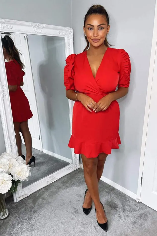AX Paris Red Pleated Sleeve Wrap Dress Women Dresses
