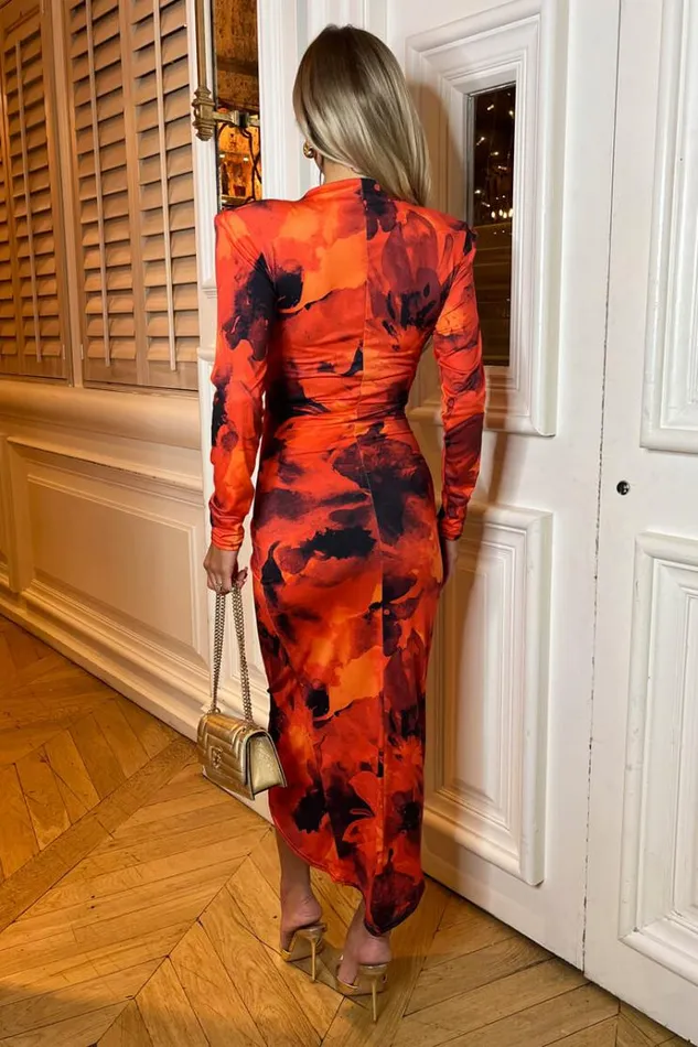 AX Paris Red Printed Long Sleeve Wrap Midi Dress Women Dresses