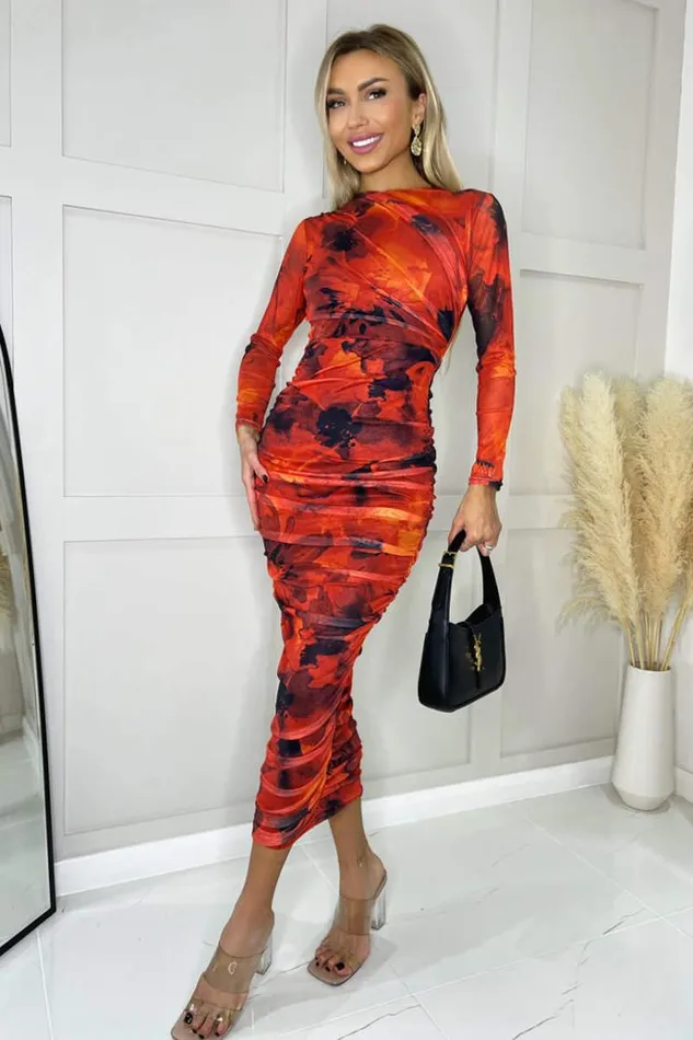 AX Paris Red Printed Mesh Long Sleeve Bodycon Midi Dress Women Dresses