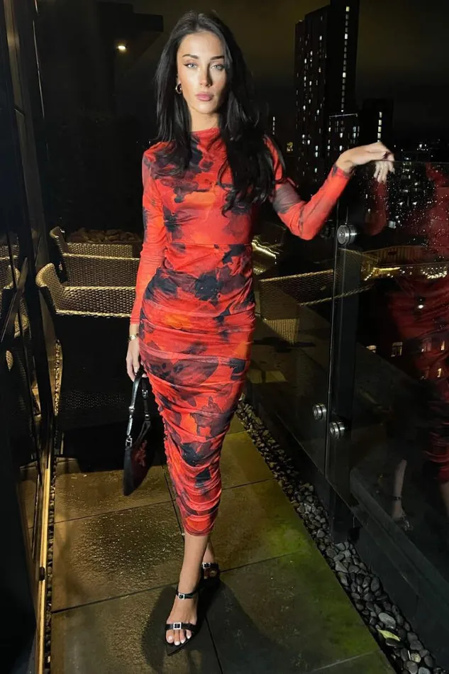 AX Paris Red Printed Mesh Long Sleeve Bodycon Midi Dress Women Dresses