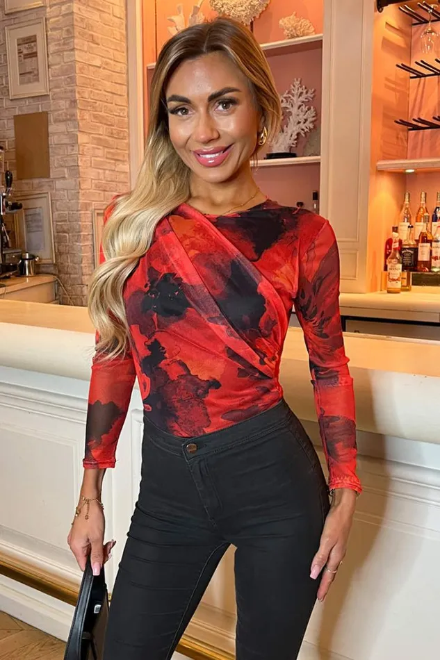 AX Paris Red Printed Mesh Long Sleeve Bodysuit Women Tops
