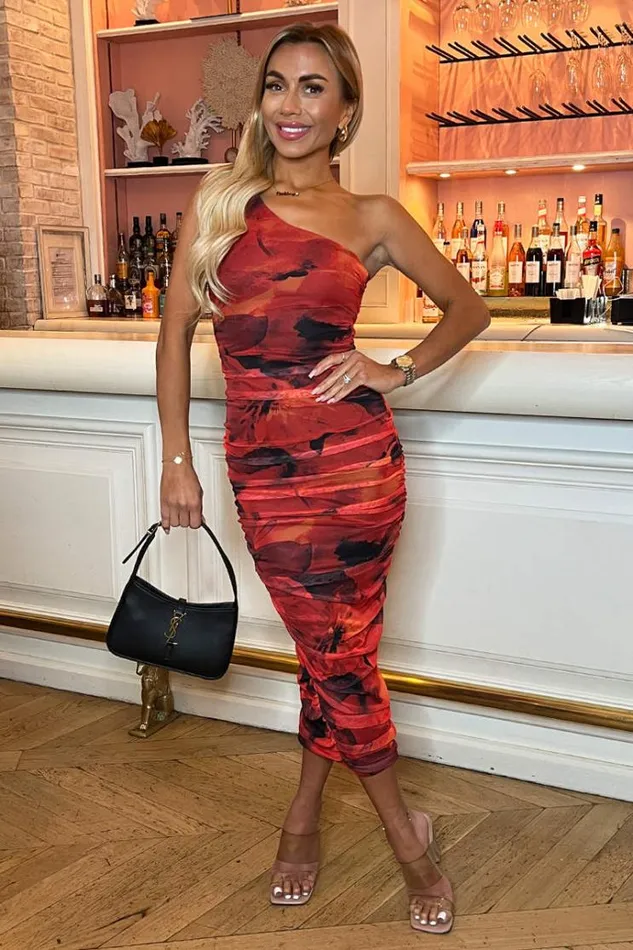 AX Paris Red Printed Mesh One Shoulder Bodycon Midi Dress Women Dresses