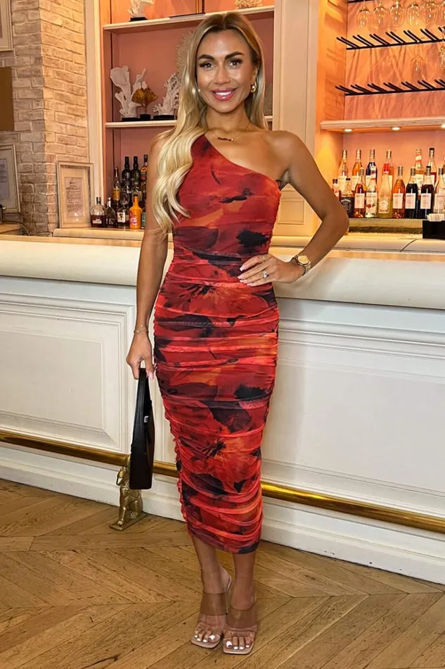 AX Paris Red Printed Mesh One Shoulder Bodycon Midi Dress Women Dresses