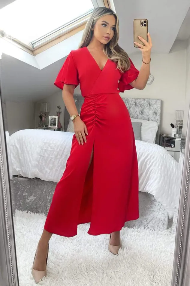 AX Paris Red Ruched Split Leg Midi Dress Women Dresses