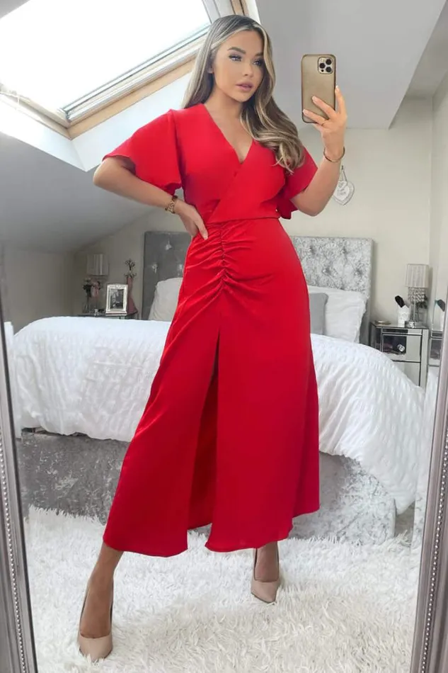 AX Paris Red Ruched Split Leg Midi Dress Women Dresses