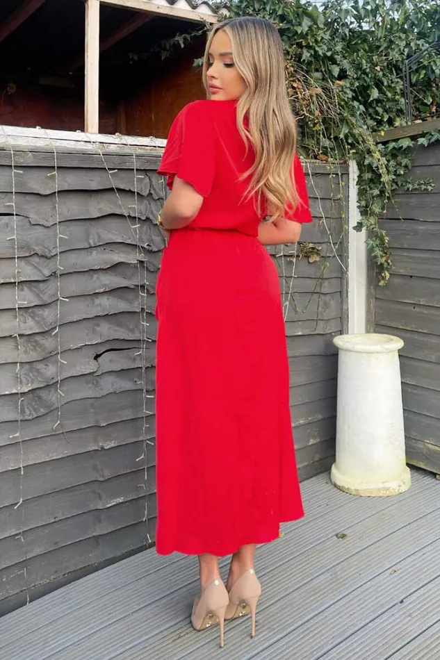 AX Paris Red Ruched Split Leg Midi Dress Women Dresses