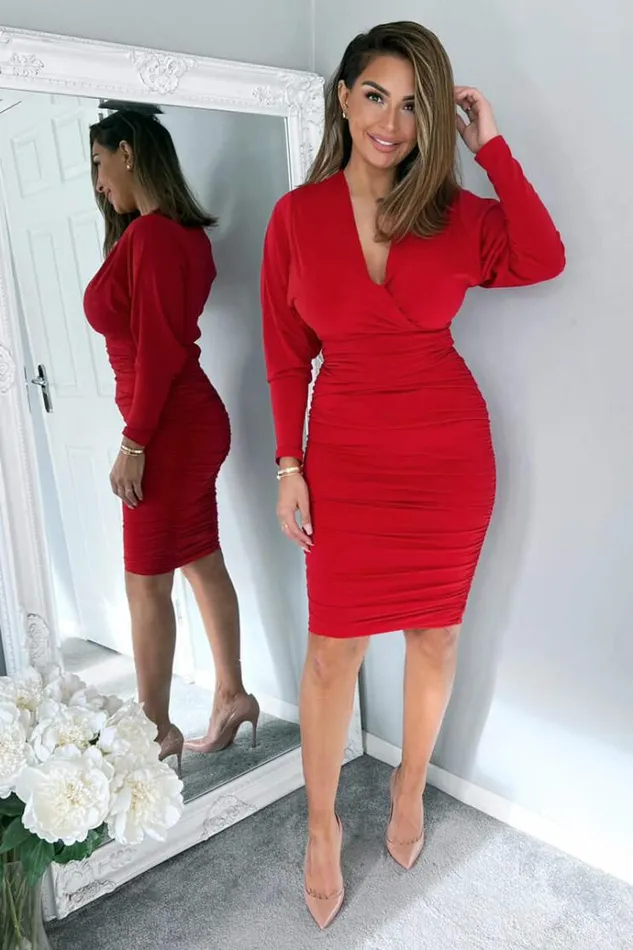 AX Paris Red Ruched Wrap Top Midi Dress Women Dresses