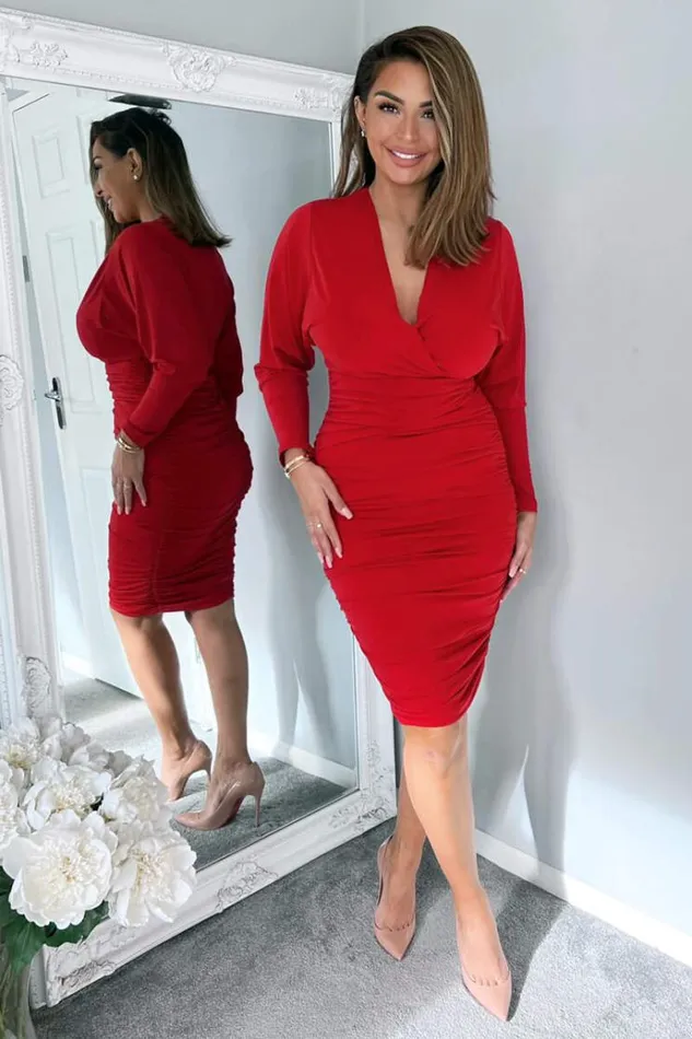 AX Paris Red Ruched Wrap Top Midi Dress Women Dresses