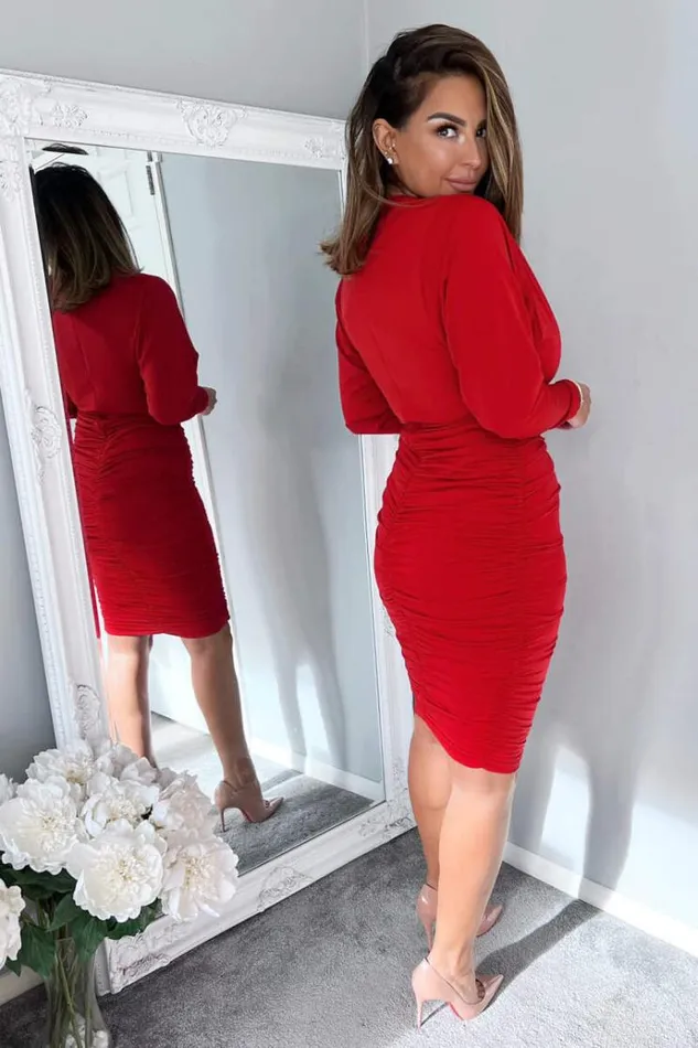 AX Paris Red Ruched Wrap Top Midi Dress Women Dresses