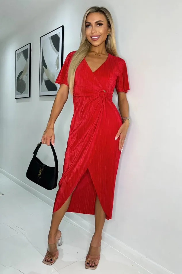 AX Paris Red Short Sleeve Plisse Wrap Midi Dress Women Dresses