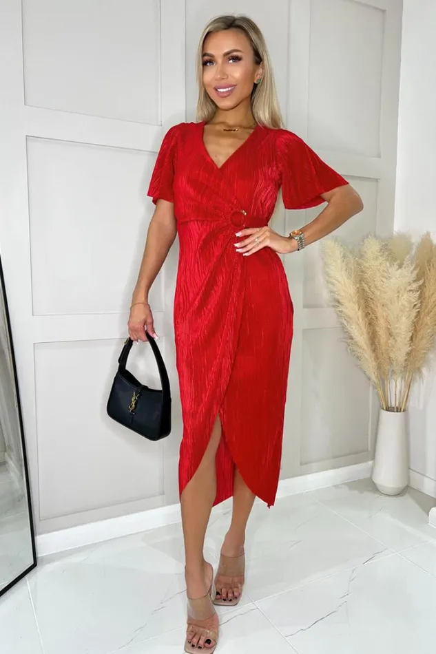 AX Paris Red Short Sleeve Plisse Wrap Midi Dress Women Dresses