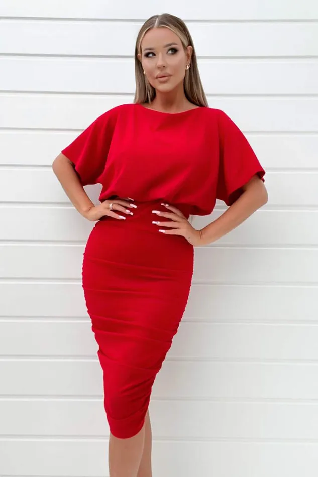 AX Paris Red Short Sleeve Side Ruched Midi Dress Women Dresses
