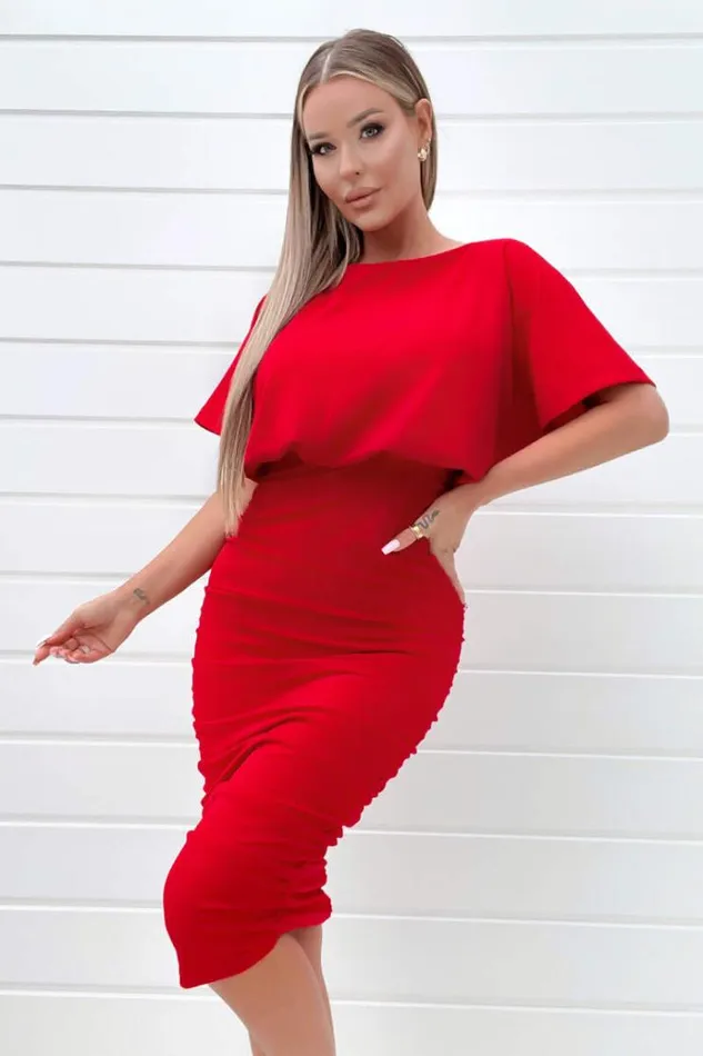 AX Paris Red Short Sleeve Side Ruched Midi Dress Women Dresses