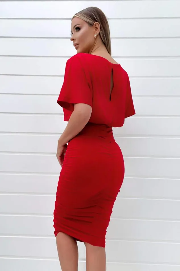 AX Paris Red Short Sleeve Side Ruched Midi Dress Women Dresses